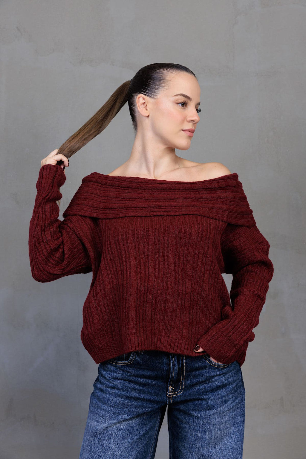 Bordo Kayık Yaka Triko