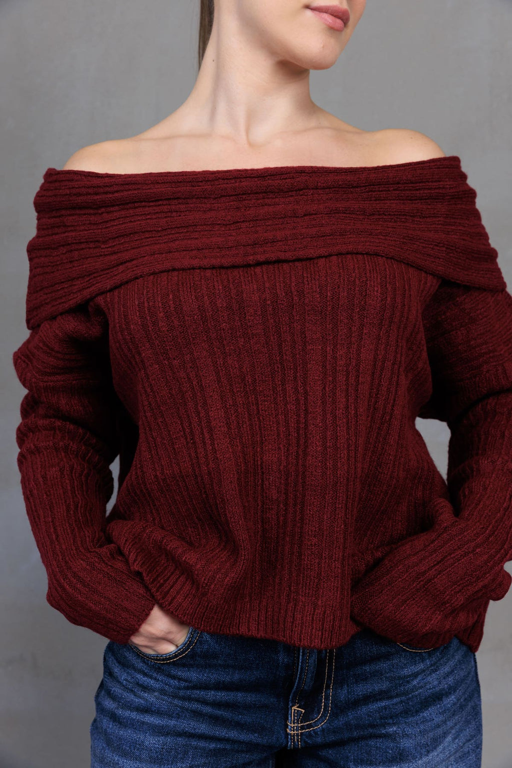 Bordo Kayık Yaka Triko