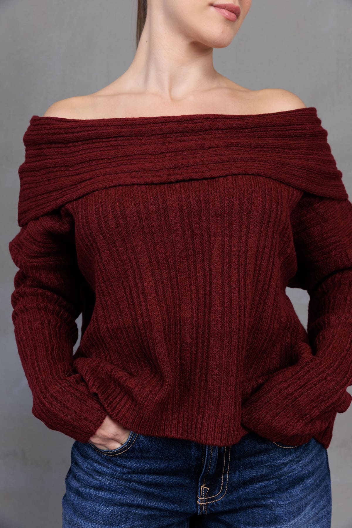 Bordo Kayık Yaka Triko